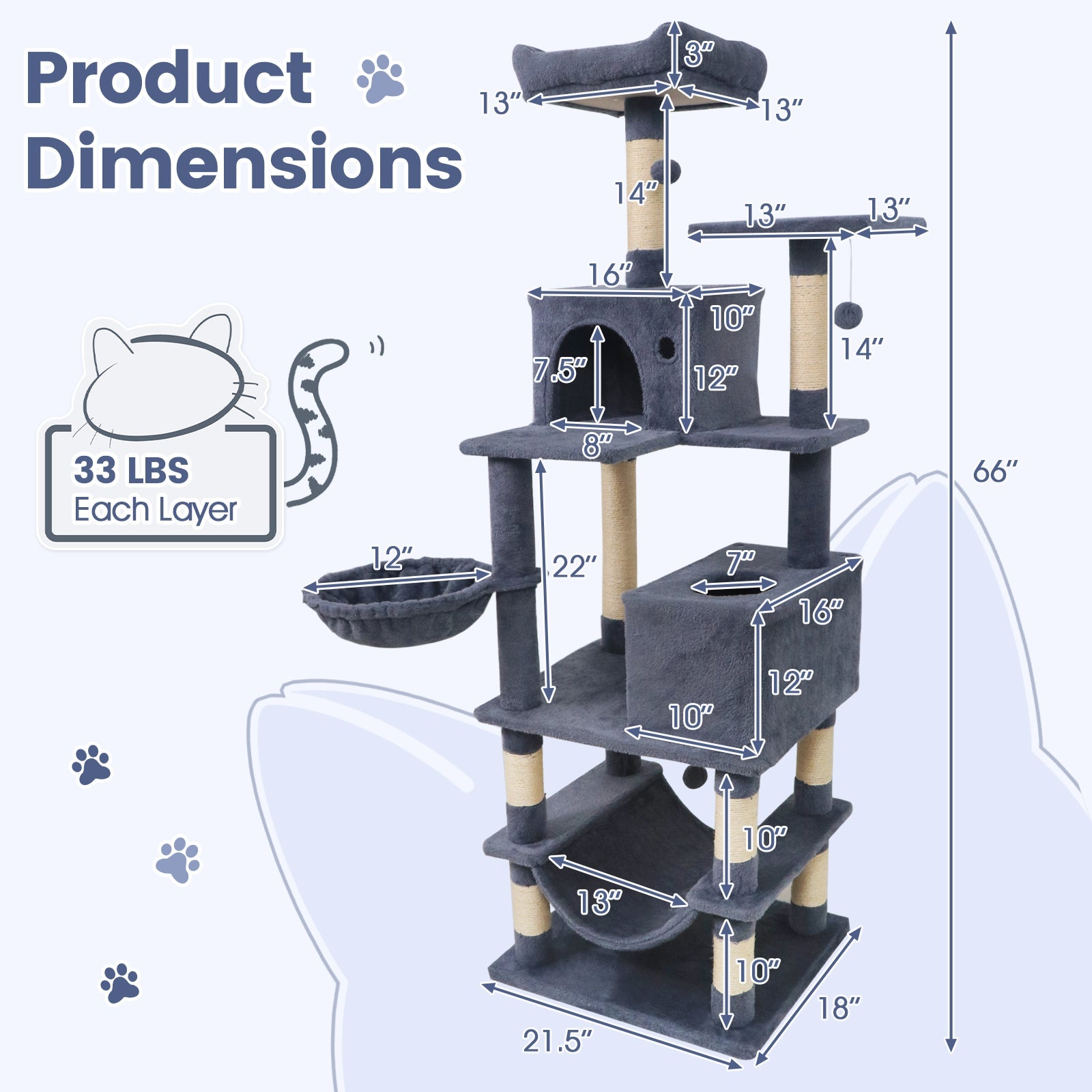 66 Inch Tall Cat Tree Multi-Level Cat Tower with 2 Condos Sisal Scratching Posts