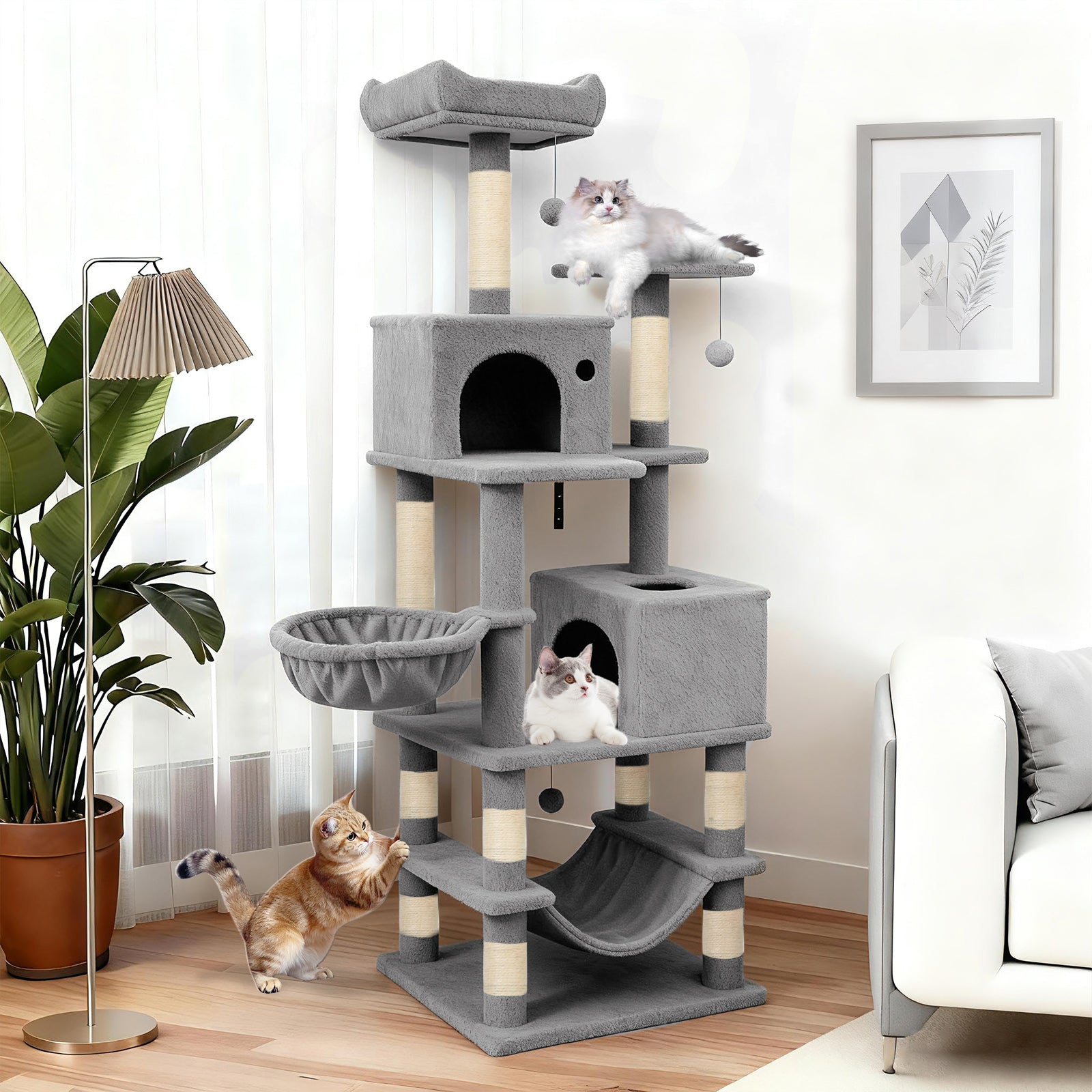 66 Inch Tall Cat Tree Multi-Level Cat Tower with 2 Condos Sisal Scratching Posts