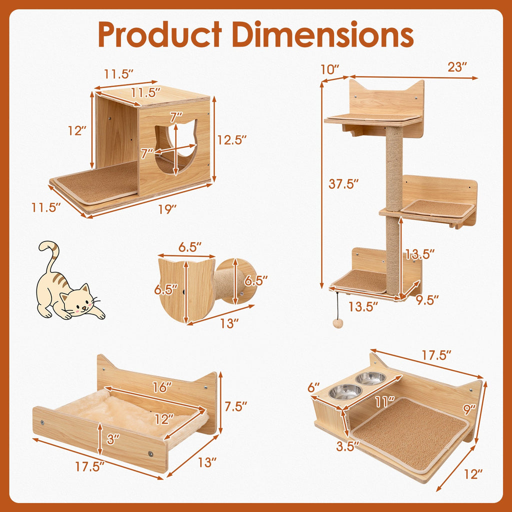 6 Pieces Cat Wall Furniture Set Kitten Wall Mounted Shelves-Natural