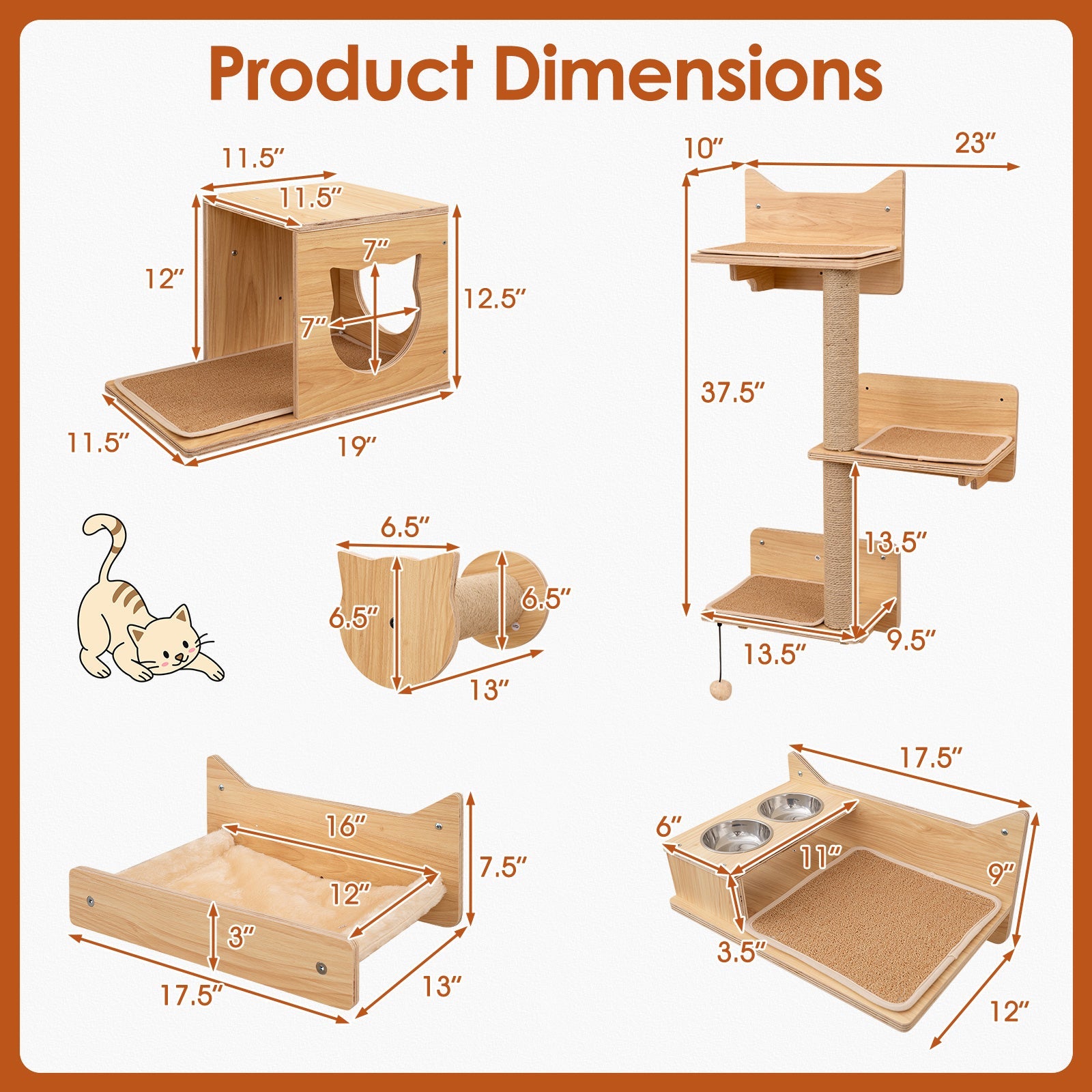 6 Pieces Cat Wall Furniture Set Kitten Wall Mounted Shelves-Natural