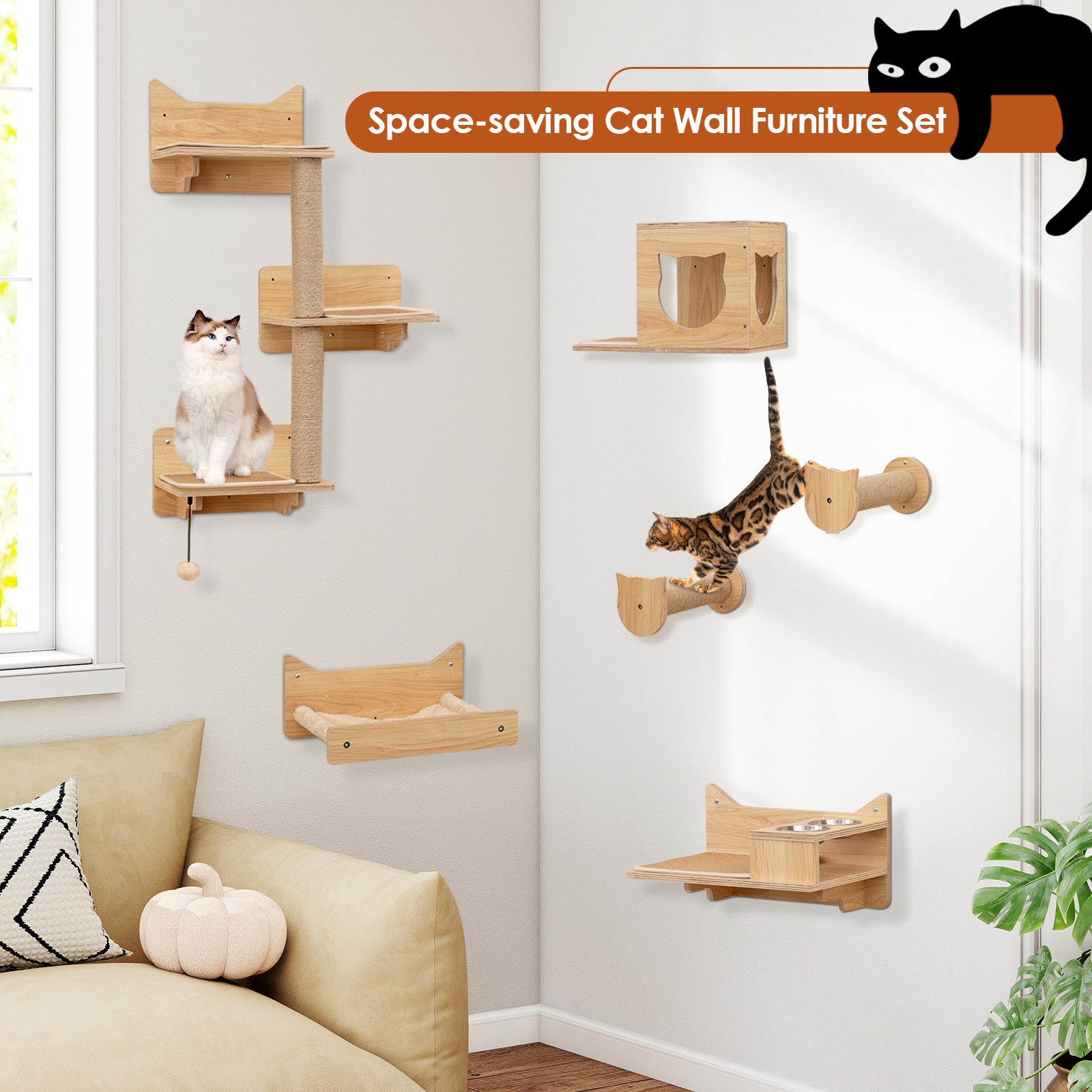 6 Pieces Cat Wall Furniture Set Kitten Wall Mounted Shelves-Natural