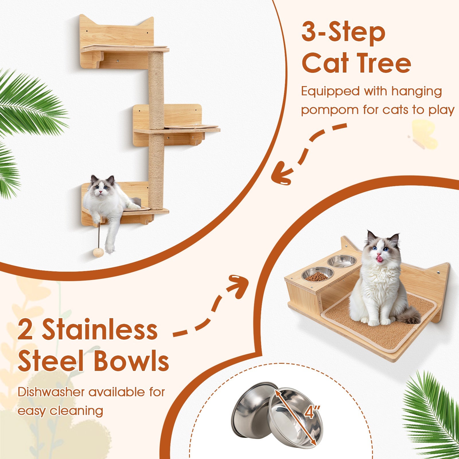 6 Pieces Cat Wall Furniture Set Kitten Wall Mounted Shelves-Natural
