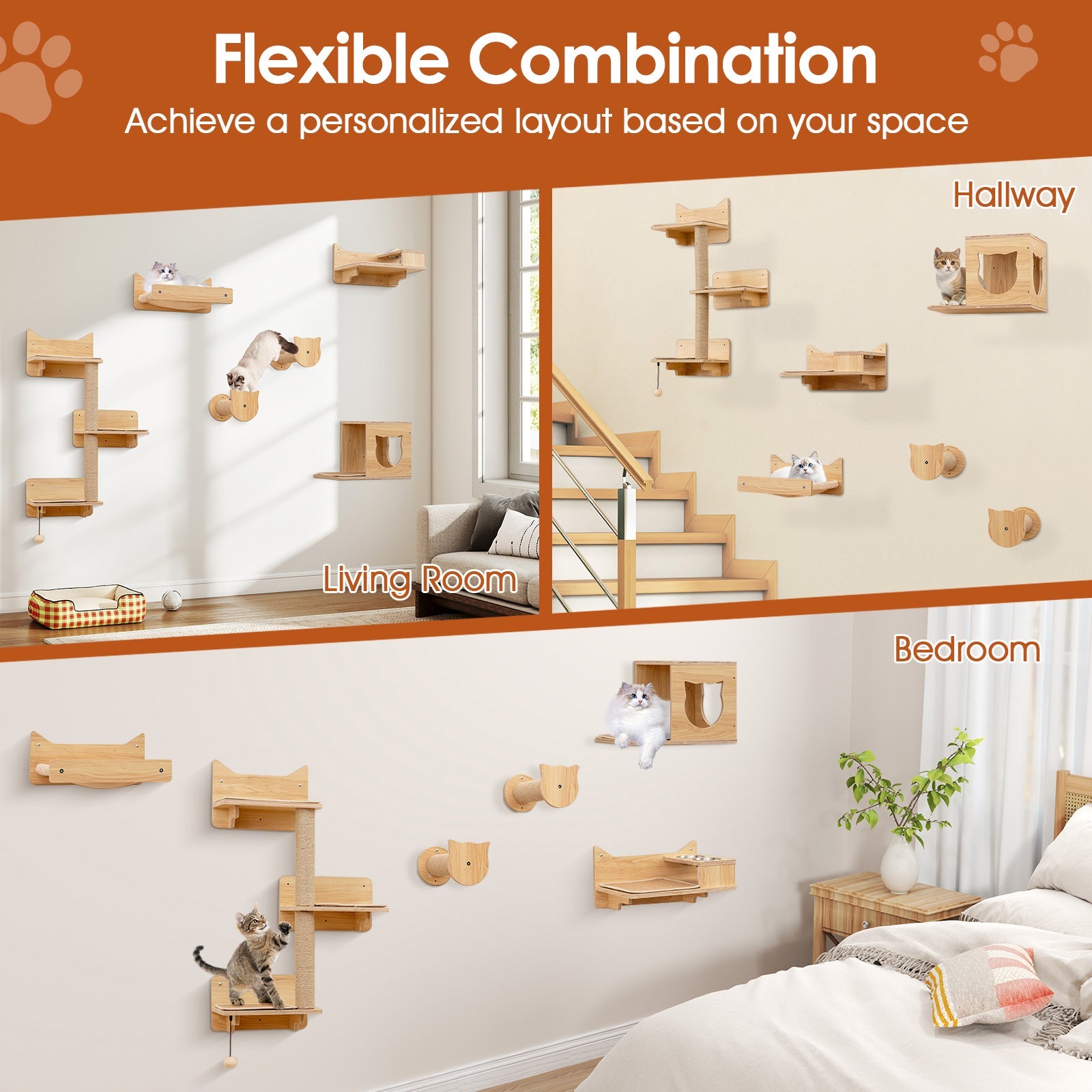 6 Pieces Cat Wall Furniture Set Kitten Wall Mounted Shelves-Natural