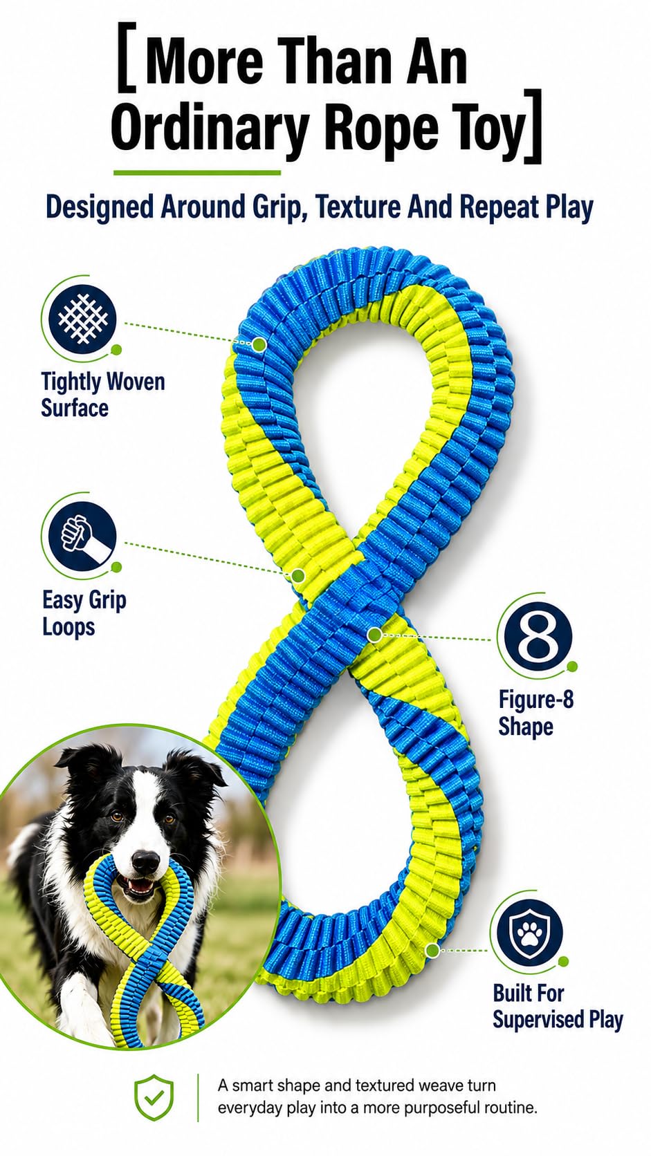 Dental Cleaning Tug Toy For Dogs, Dog Dental Toy, L With Textured Dental Weave, Washable Two Loop Figure 8 Design For Supervised Tugging, Chewing And Fetch