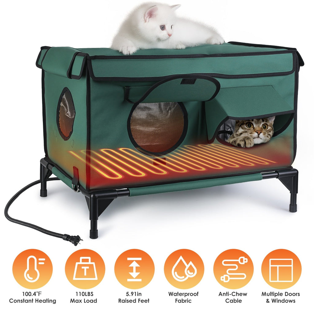 Waterproof Heated Cat House Outdoor Weatherproof Insulated Kitty Shelter Feral Cat Heating Bed with Heating Pad Anti-Chew Cord 2 Doors 3 Windows for I