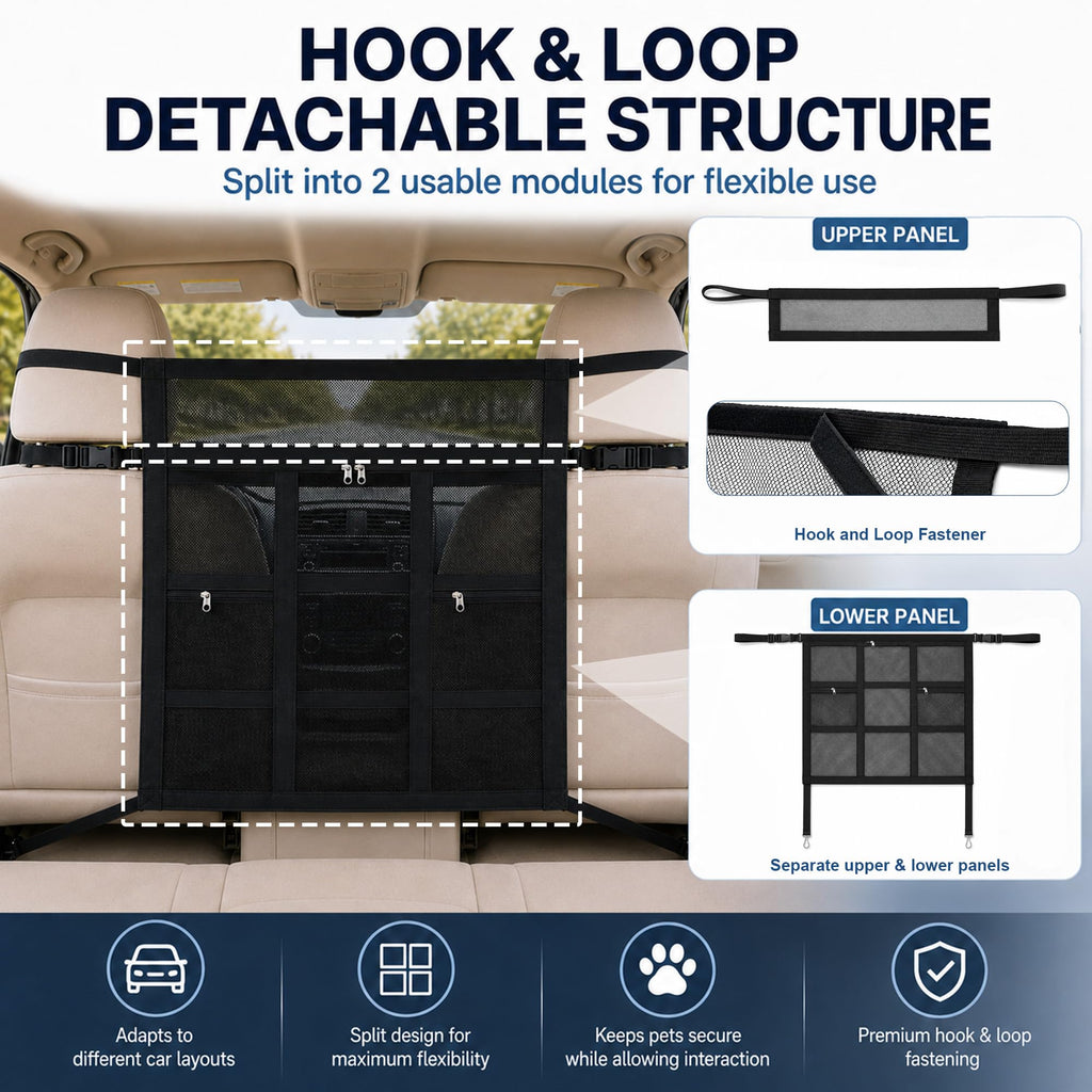 Car Dog Barrier With Hook And Loop Fastener Dual Zipper For Car SUV Breathable Mesh Barrier With Hook And Loop Fastener Keeps Pets Safely In Back Seat. Easy Installation