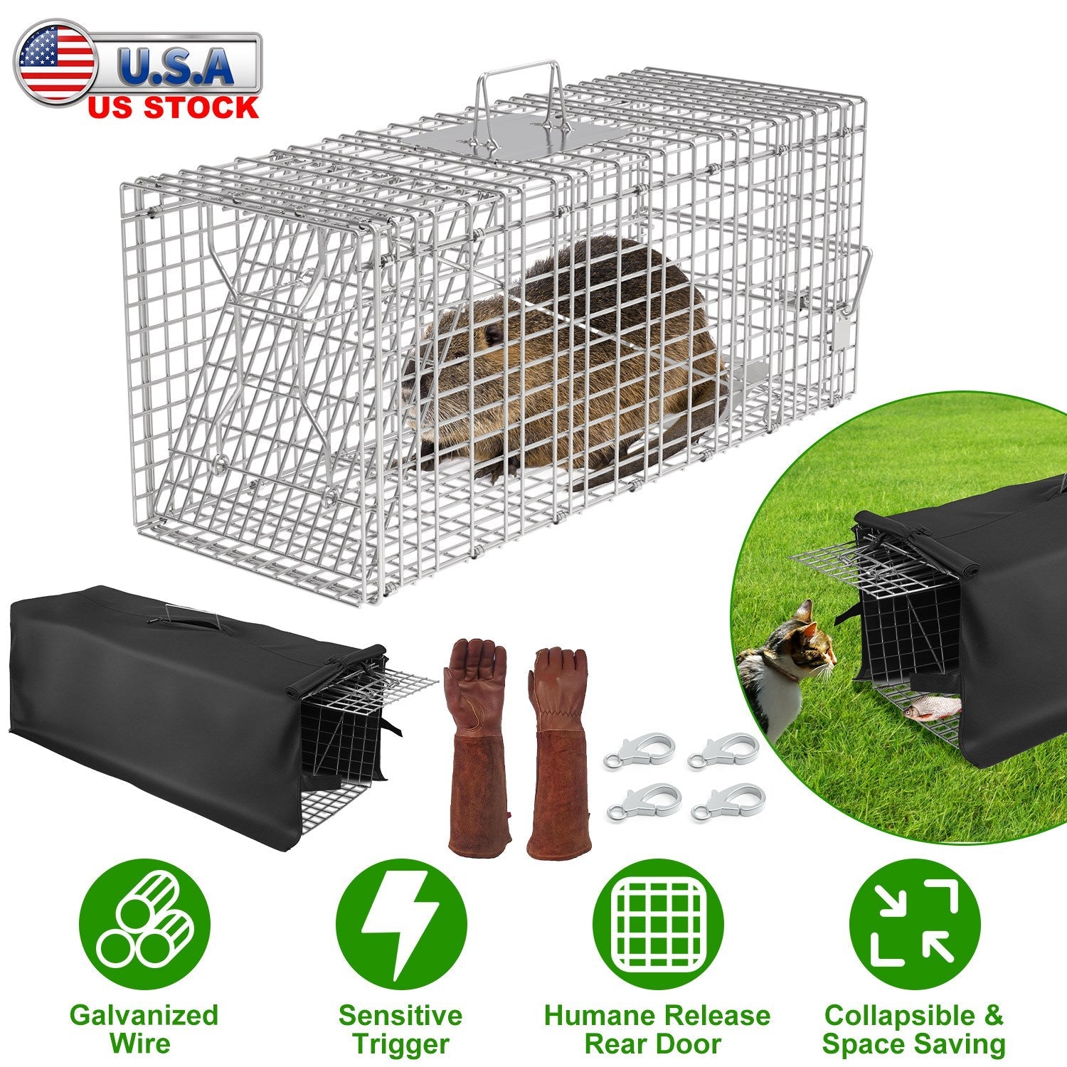 Humane Cat Trap Cage With Waterproof Cover Gloves Catch Release Live Animal Rodent Cage Collapsible Galvanized Wire for Raccoons Beavers Groundhogs Fo