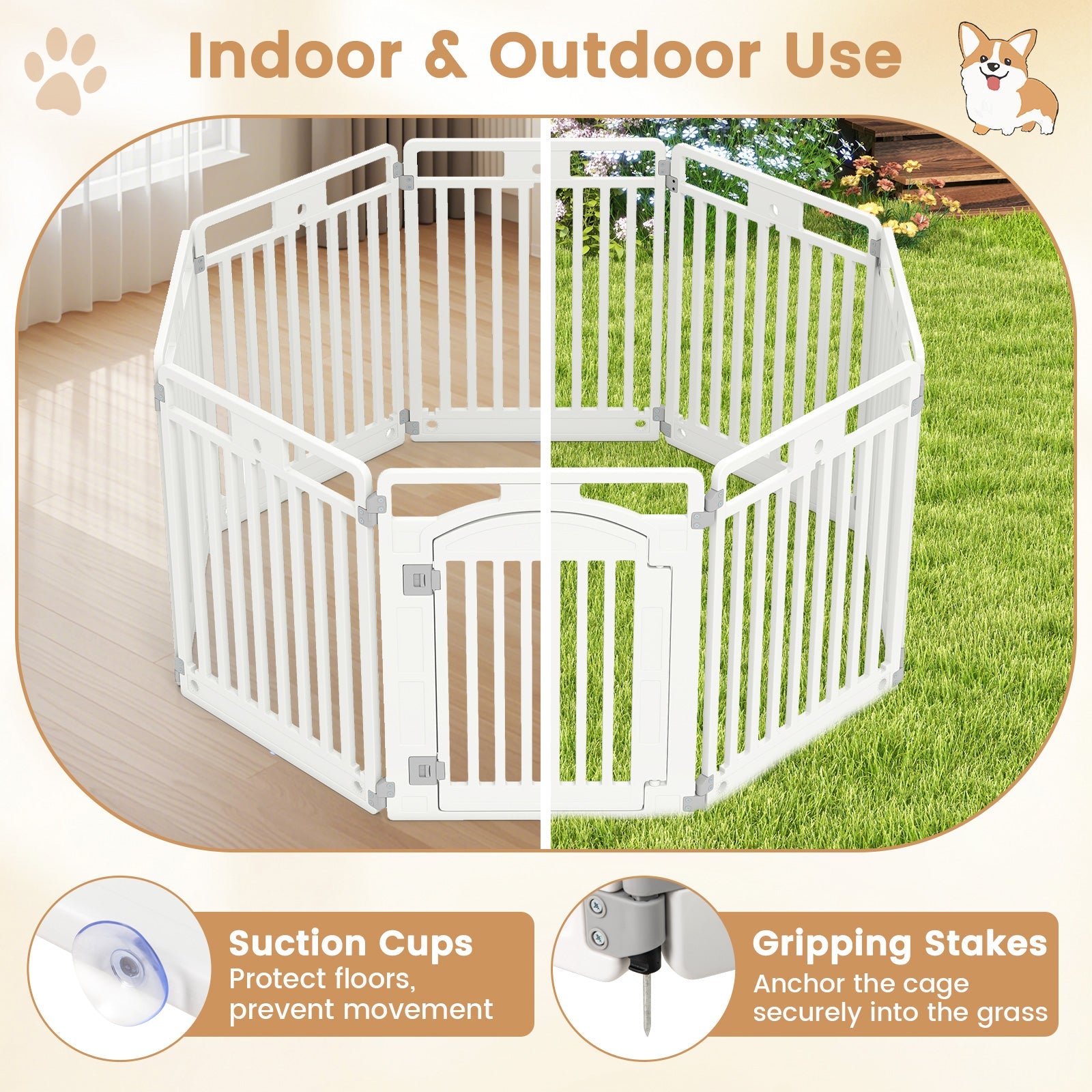 8-Panel Tall Plastic Dog Fence Indoor Outdoor Puppy Pen with Locking Door-White