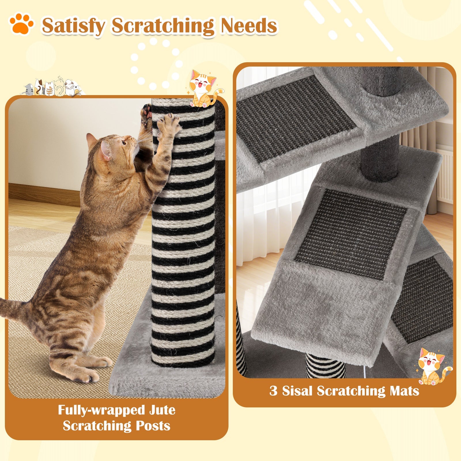 93 CM Tall Cat Tree Kitten Tower with Sisal and Jute Scratching Posts-Gray