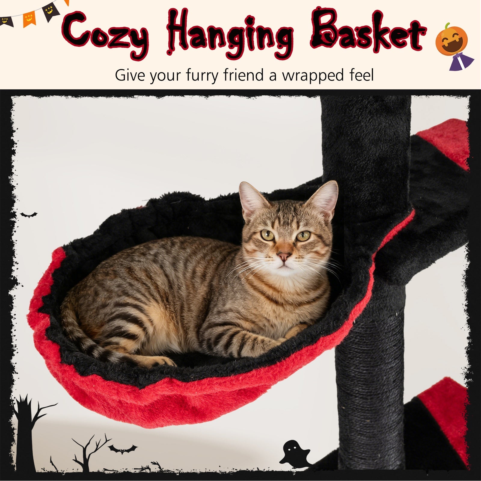 Floor to Ceiling Gothic Cat Tree 97-118 Inches Adjustable 5-Tier with Condo-Black