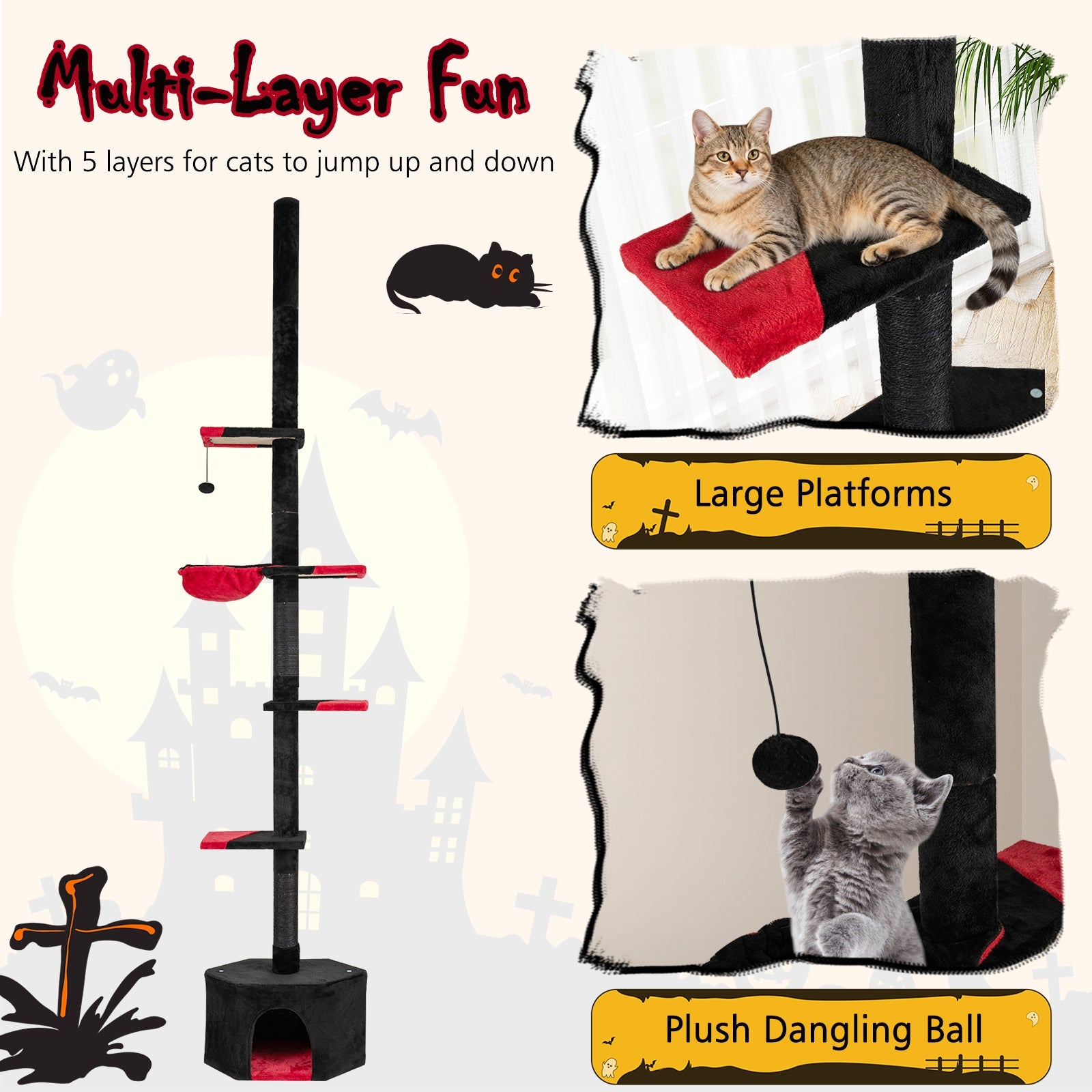 Floor to Ceiling Gothic Cat Tree 97-118 Inches Adjustable 5-Tier with Condo-Black