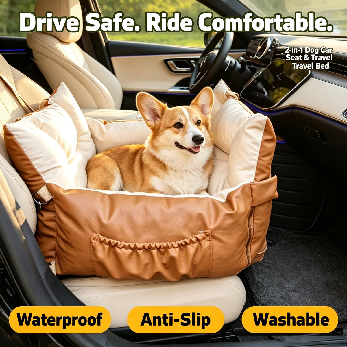 Waterproof Dog Car Seat Bed 2 In 1 Convertible Pet Travel Carrier Safety Booster Seat With Storage Pocket Washable Anti Slip Puppy Car Bed For Small Medium Dogs Reversible 2 Sided Design