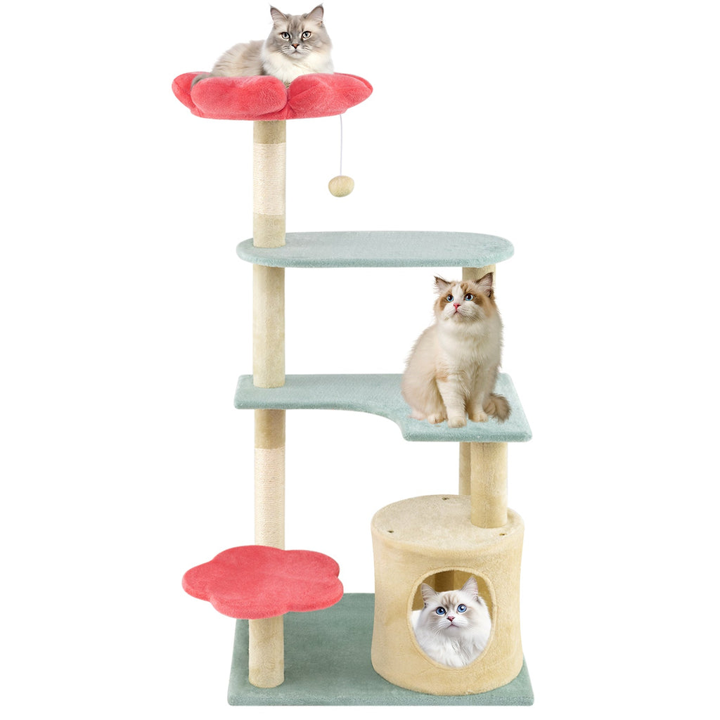 49 Inch Tall Multi-Level Aesthetic Floral Kitten Tower with Flower-Shaped Plush Padded Perch-Multicolor