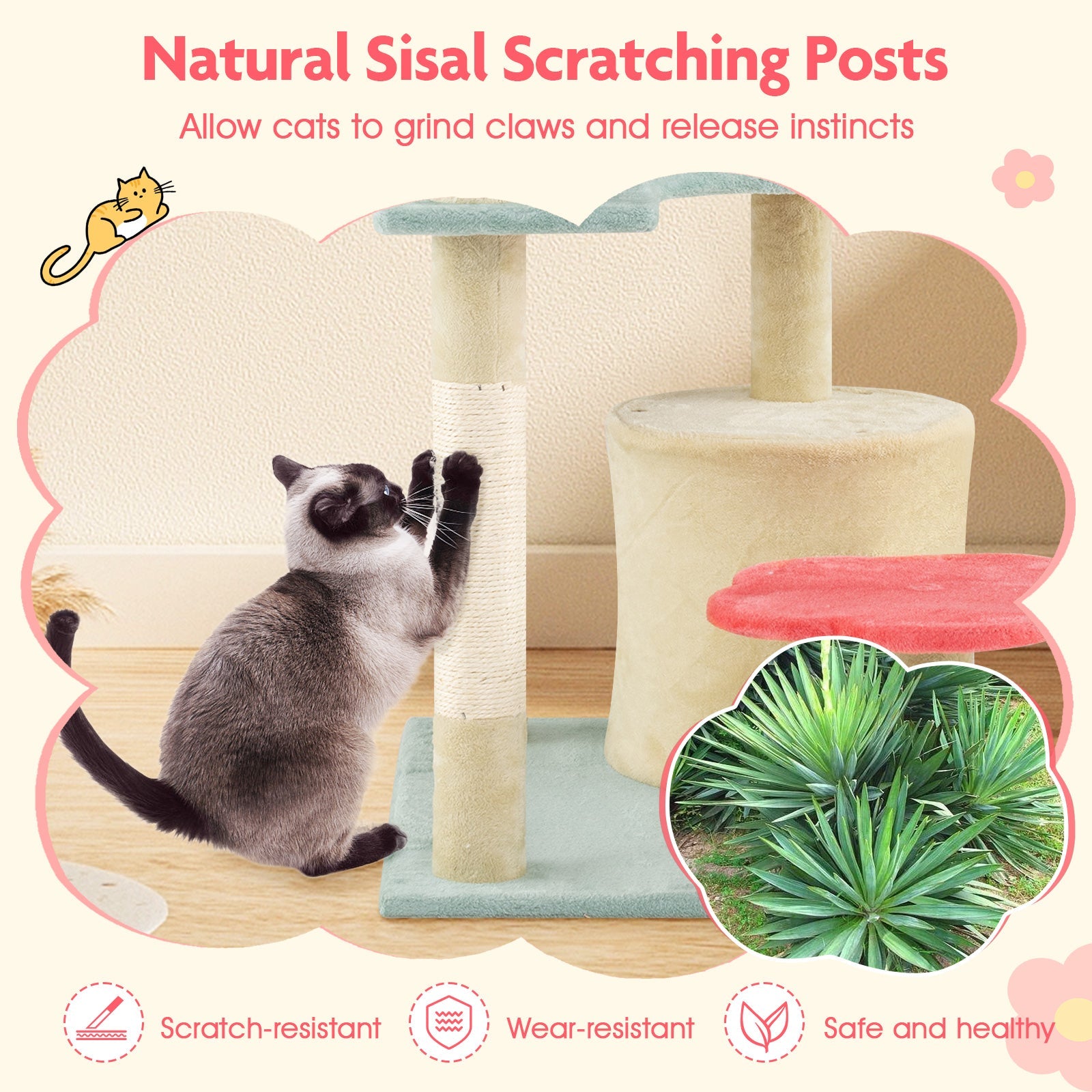 49 Inch Tall Multi-Level Aesthetic Floral Kitten Tower with Flower-Shaped Plush Padded Perch-Multicolor