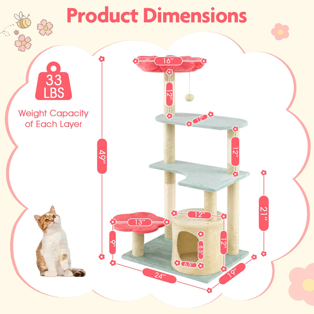 49 Inch Tall Multi-Level Aesthetic Floral Kitten Tower with Flower-Shaped Plush Padded Perch-Multicolor
