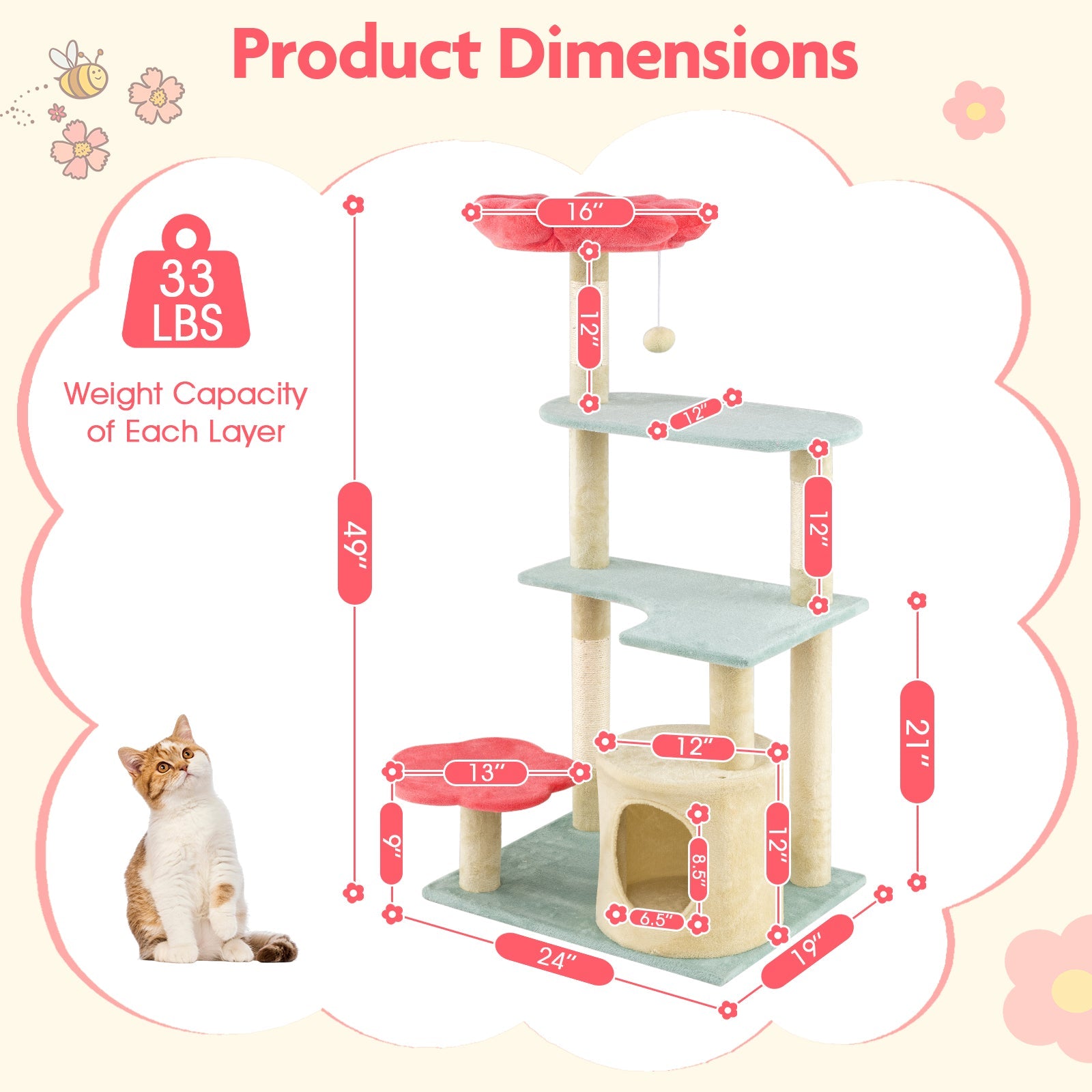 49 Inch Tall Multi-Level Aesthetic Floral Kitten Tower with Flower-Shaped Plush Padded Perch-Multicolor