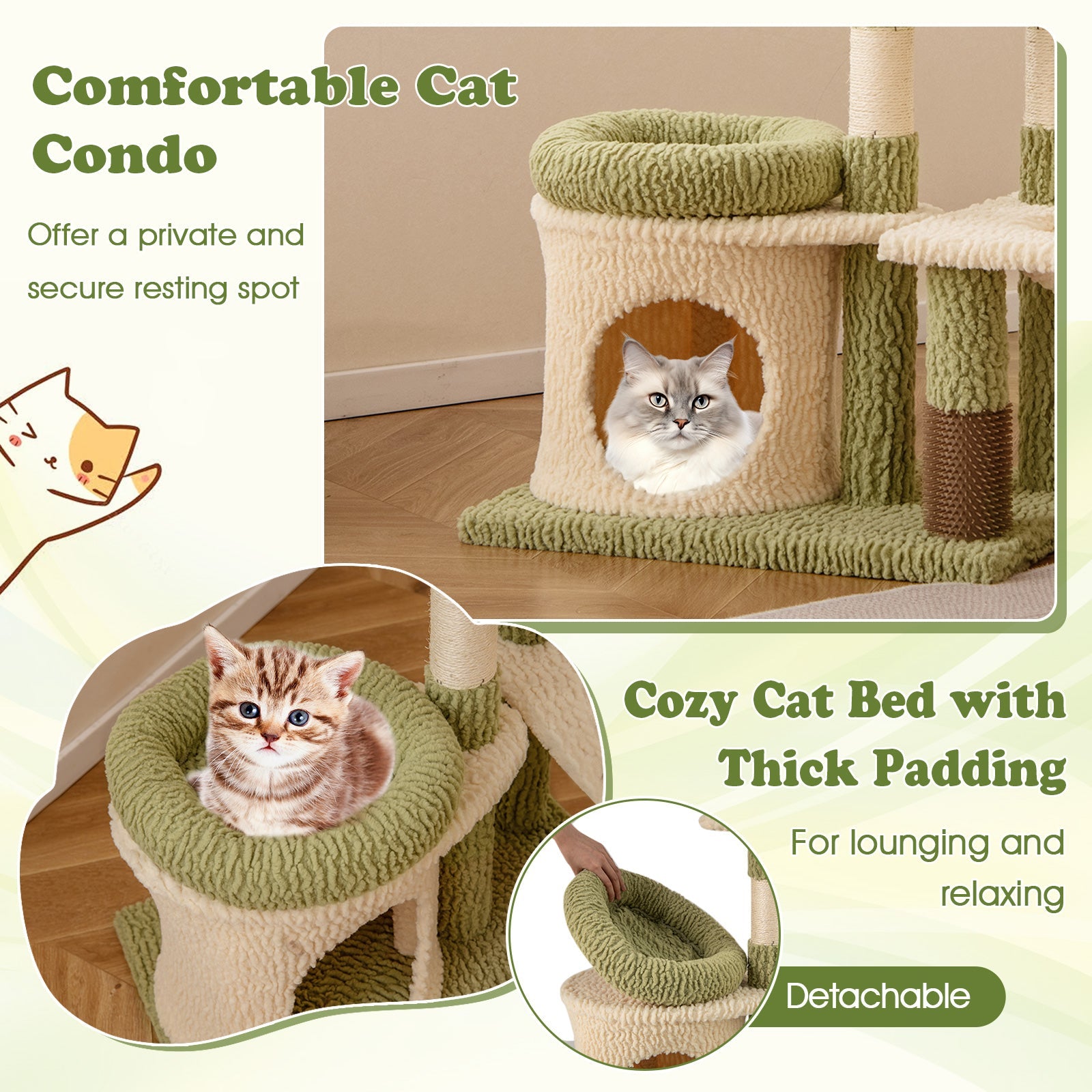 38 Inch Tall Multi-Level Aesthetic Kitten Tower with Condo and Bed-Green