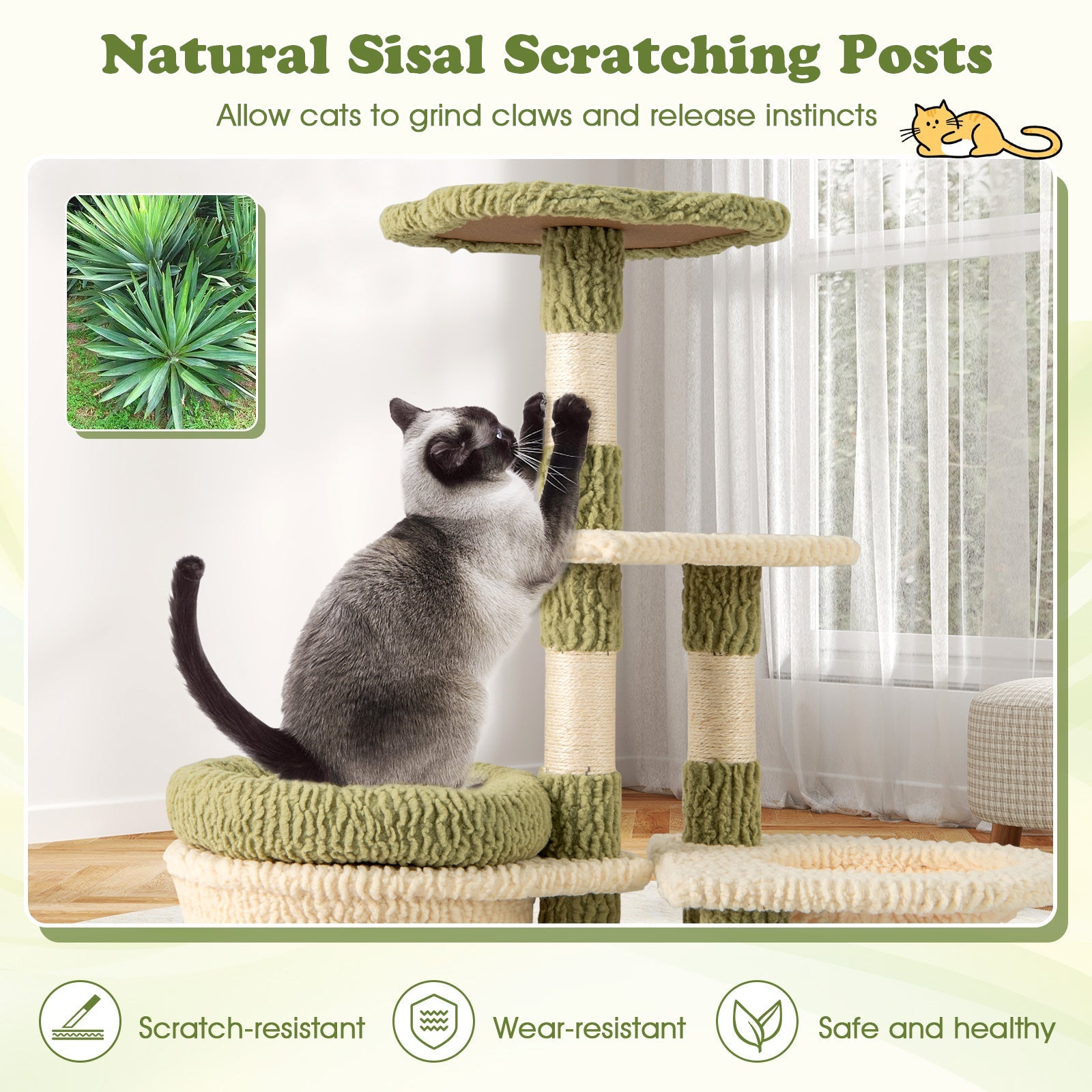 38 Inch Tall Multi-Level Aesthetic Kitten Tower with Condo and Bed-Green