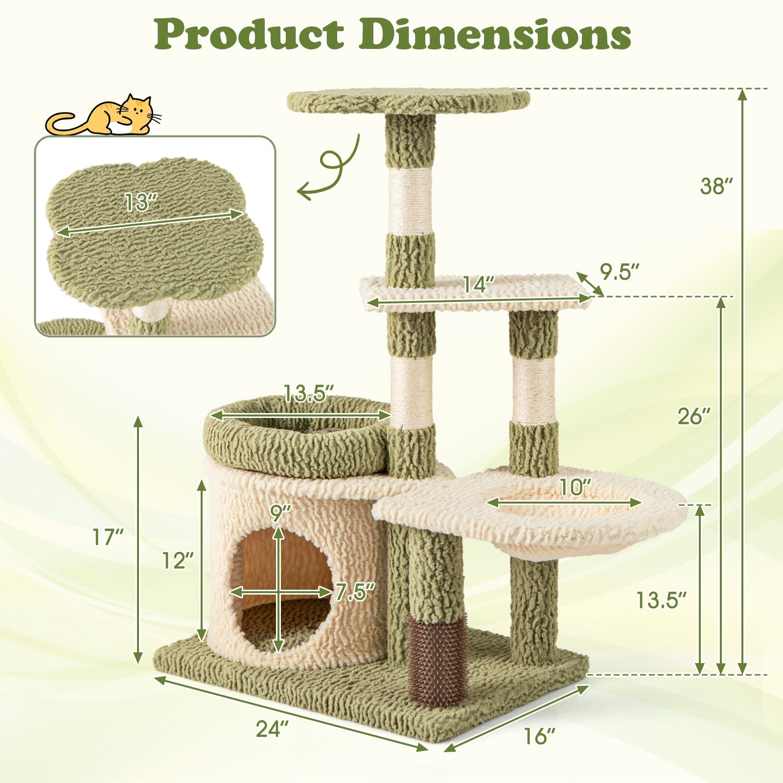 38 Inch Tall Multi-Level Aesthetic Kitten Tower with Condo and Bed-Green