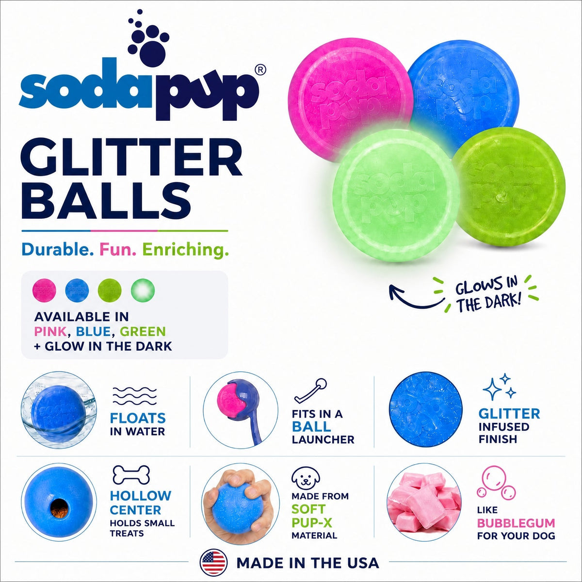 Pink & Blue Glitter Ball 2-Pack Dog Toy | Soft PUP-X Rubber Floating Fetch Ball with Treat Dispenser | USA Made (Copy)