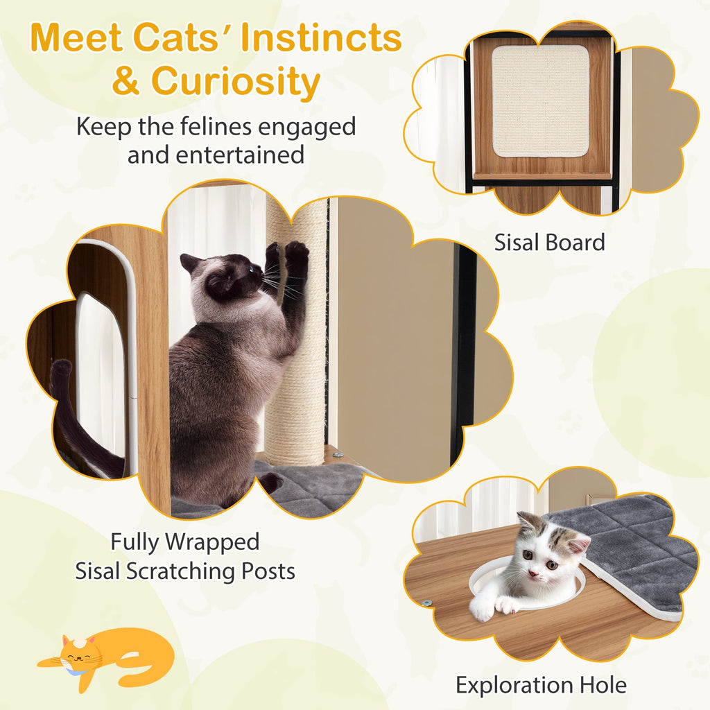 Modern Cat Tree Cat House with Metal Frame and Scratching Posts-Natural