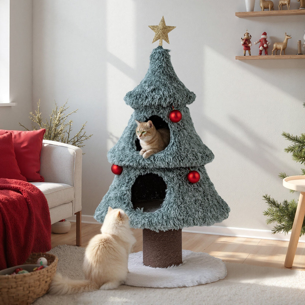 Christmas Cat Tree for Indoor Cats 48.5 inch Cute Cat Tower with 2 Large Condos Scratching Post-Green