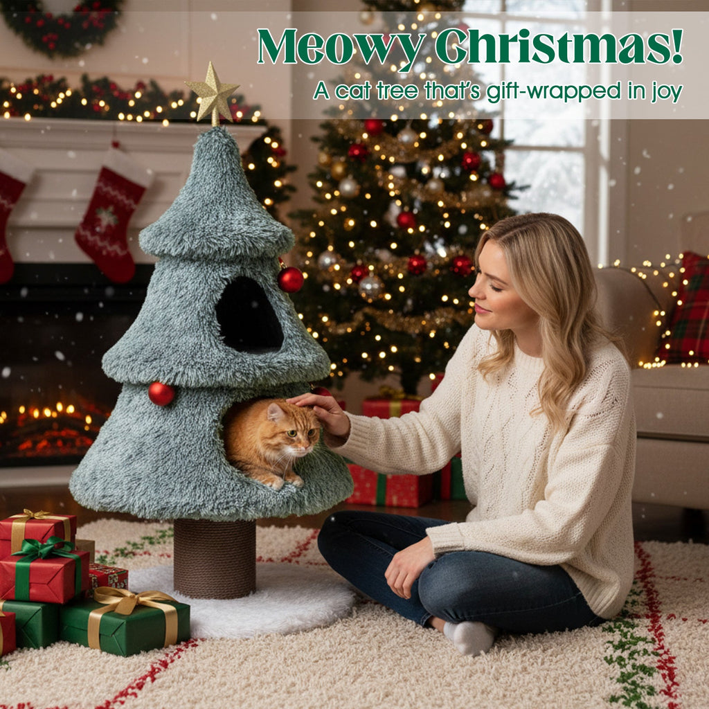 Christmas Cat Tree for Indoor Cats 48.5 inch Cute Cat Tower with 2 Large Condos Scratching Post-Green