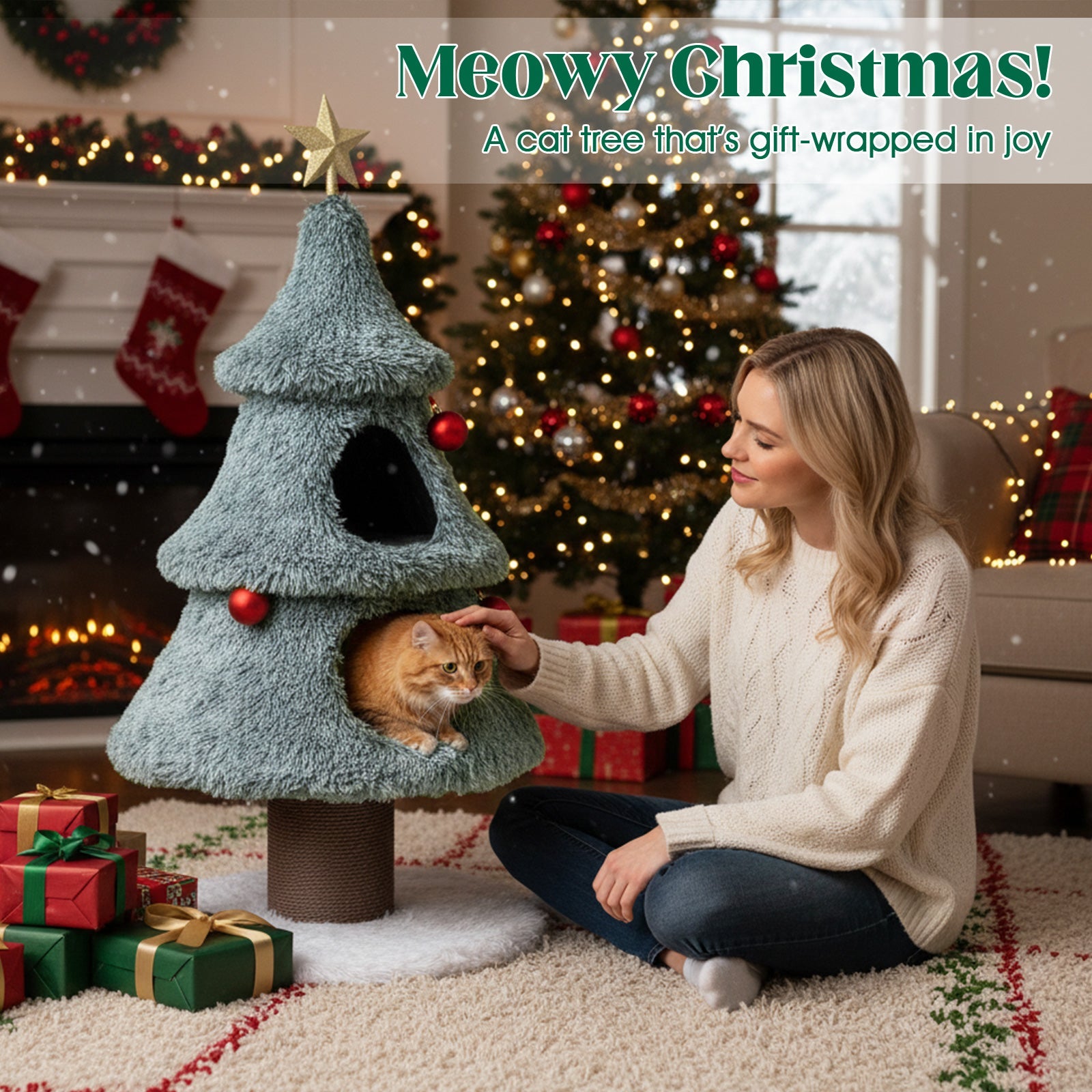 Christmas Cat Tree for Indoor Cats 48.5 inch Cute Cat Tower with 2 Large Condos Scratching Post-Green