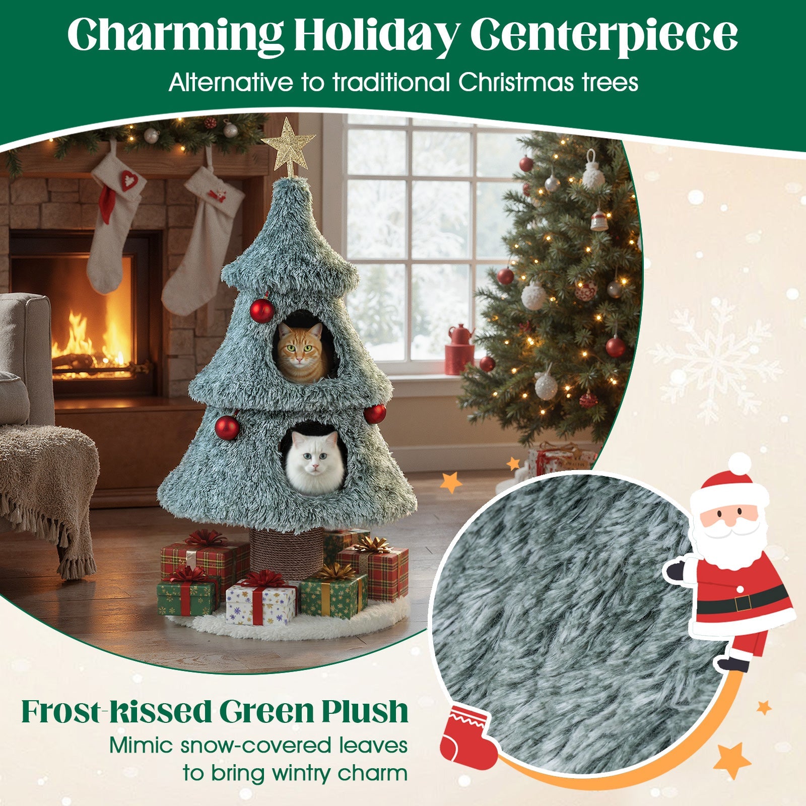 Christmas Cat Tree for Indoor Cats 48.5 inch Cute Cat Tower with 2 Large Condos Scratching Post-Green