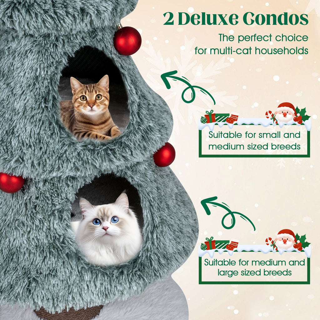 Christmas Cat Tree for Indoor Cats 48.5 inch Cute Cat Tower with 2 Large Condos Scratching Post-Green