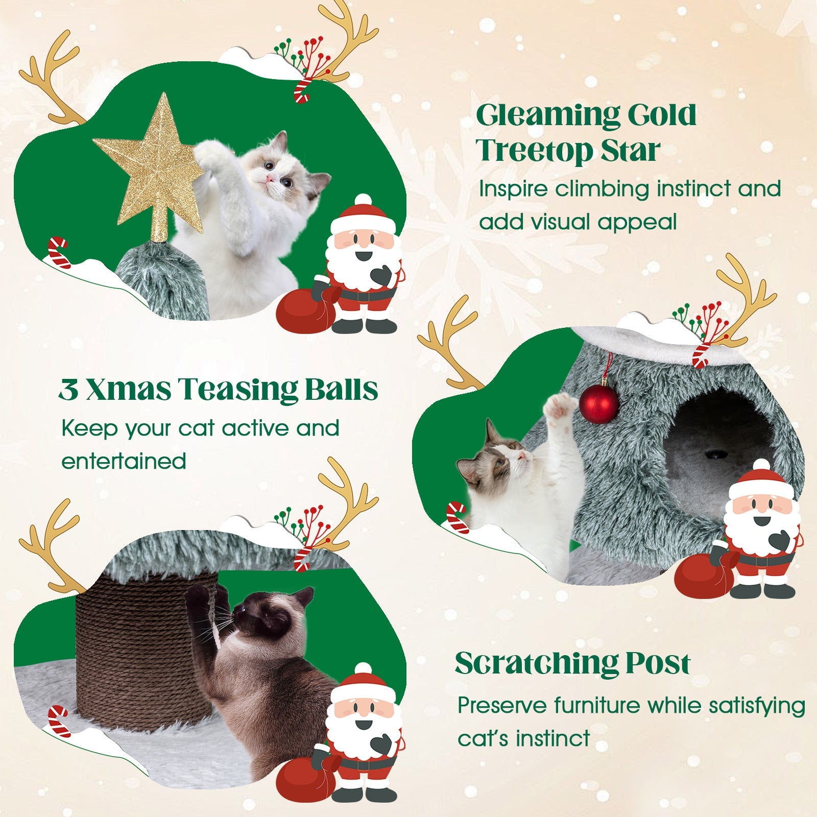 Christmas Cat Tree for Indoor Cats 48.5 inch Cute Cat Tower with 2 Large Condos Scratching Post-Green