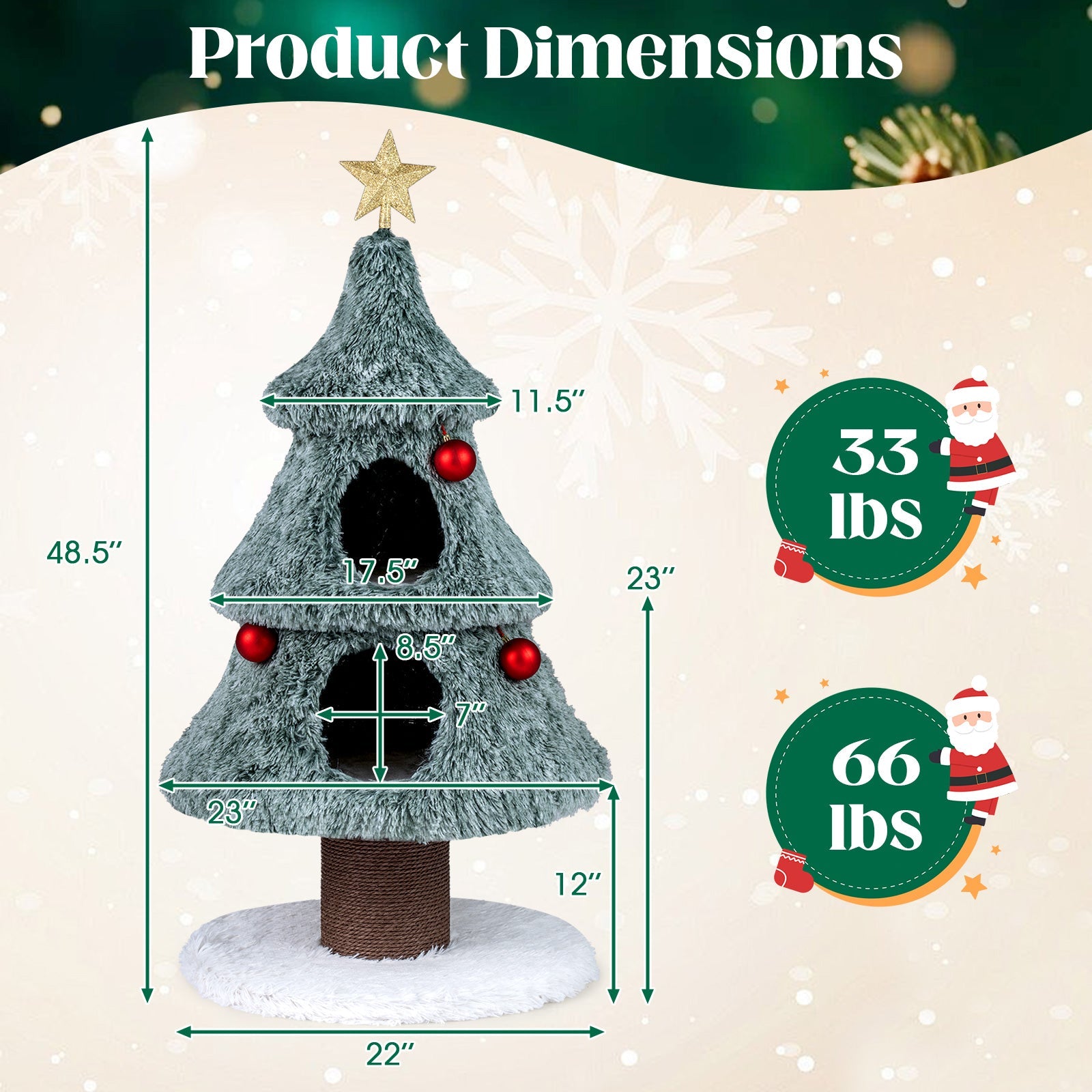 Christmas Cat Tree for Indoor Cats 48.5 inch Cute Cat Tower with 2 Large Condos Scratching Post-Green