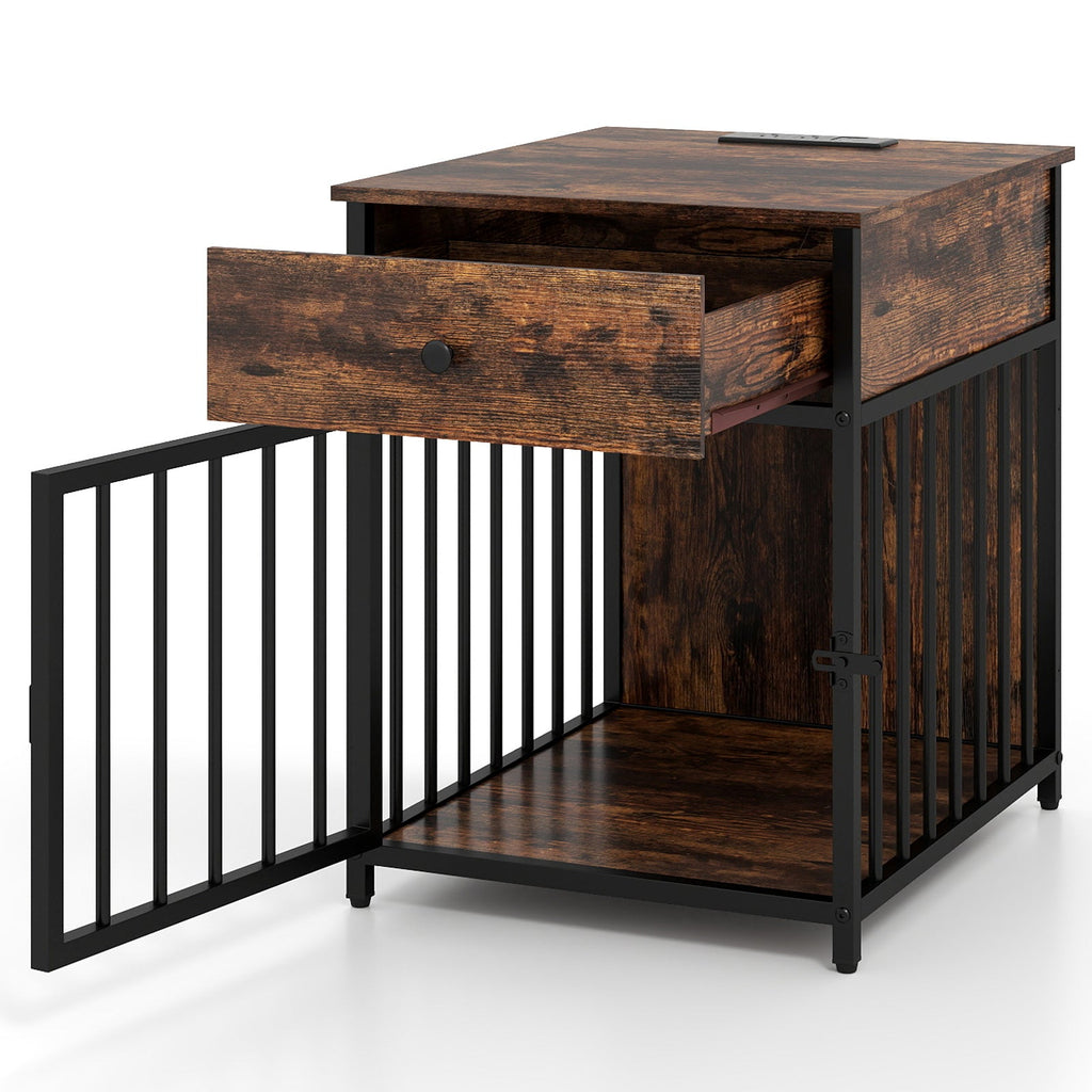 Dog Crate Furniture for Small Dogs Wooden Puppy Kennel with Charging Station-Rustic Brown