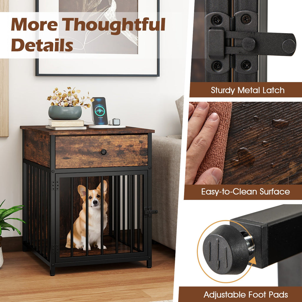 Dog Crate Furniture for Small Dogs Wooden Puppy Kennel with Charging Station-Rustic Brown