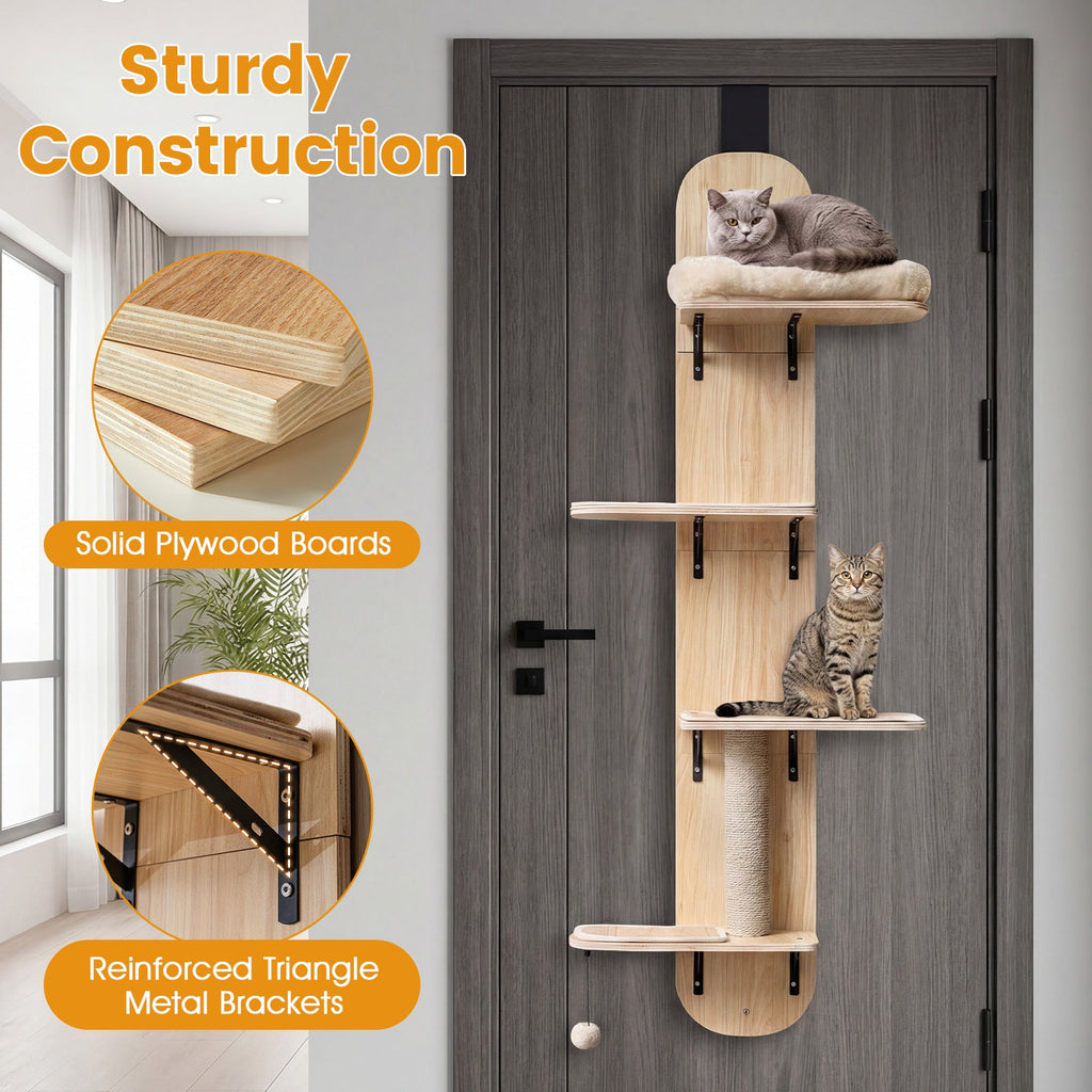 Door Hanging Cat Climber 4-level Height Adjustable with Plush Bed