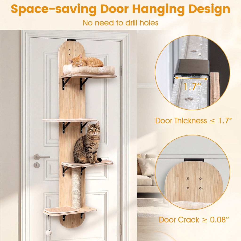 Door Hanging Cat Climber 4-level Height Adjustable with Plush Bed