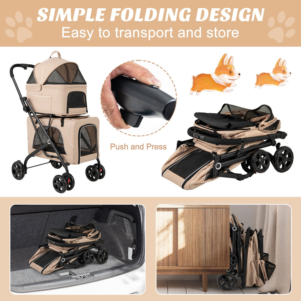 Double Pet Stroller Foldable 3-in-1 Dog Stroller with 2 Detachable Carriers