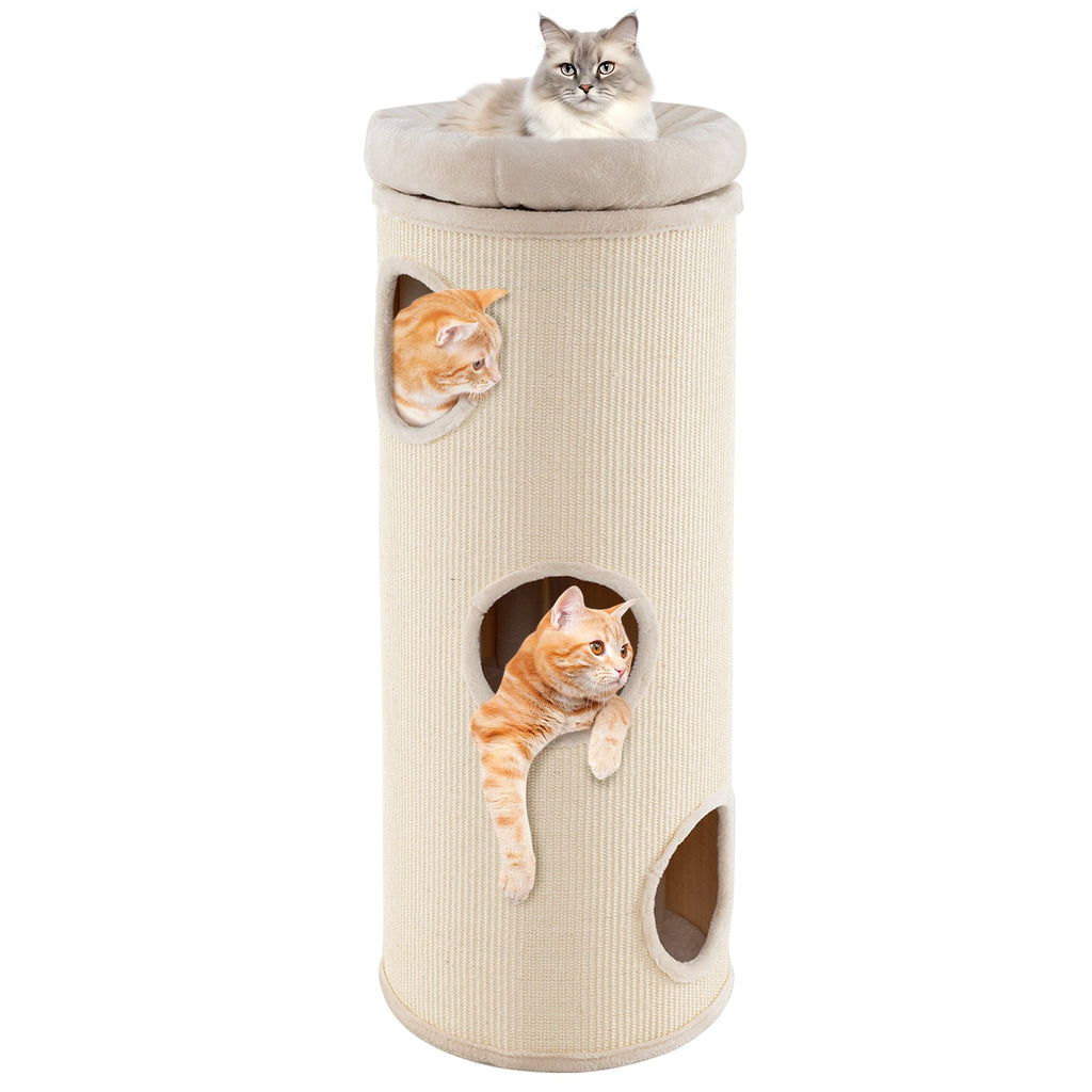 49 Inch Elevated Cat Cave 4-Story Cat House for Multiple Cats-Beige