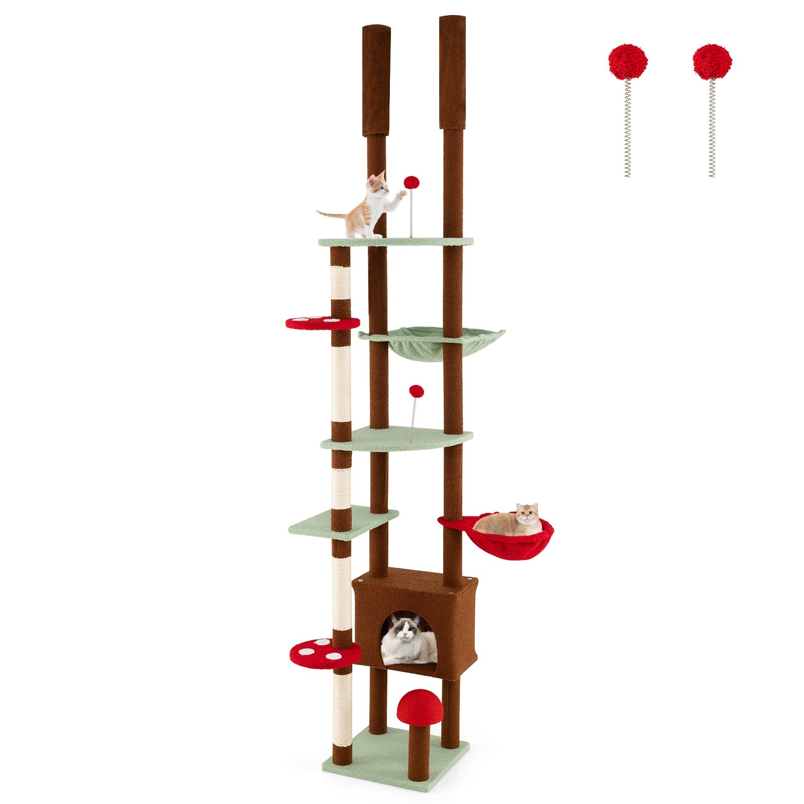 Floor to Ceiling Cat Tree Adjustable Mushroom Themed with Condo and Hammock-Brown