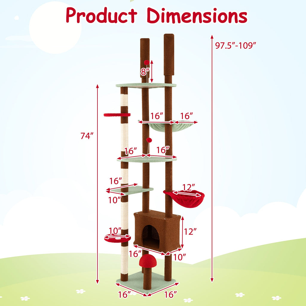 Floor to Ceiling Cat Tree Adjustable Mushroom Themed with Condo and Hammock-Brown