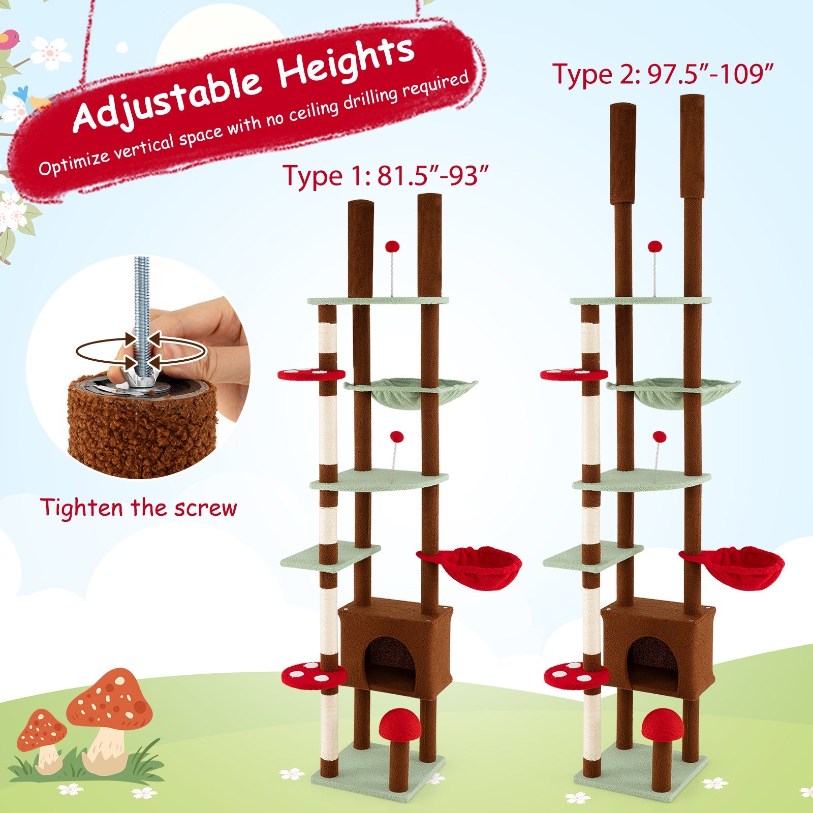 Floor to Ceiling Cat Tree Adjustable Mushroom Themed with Condo and Hammock-Brown