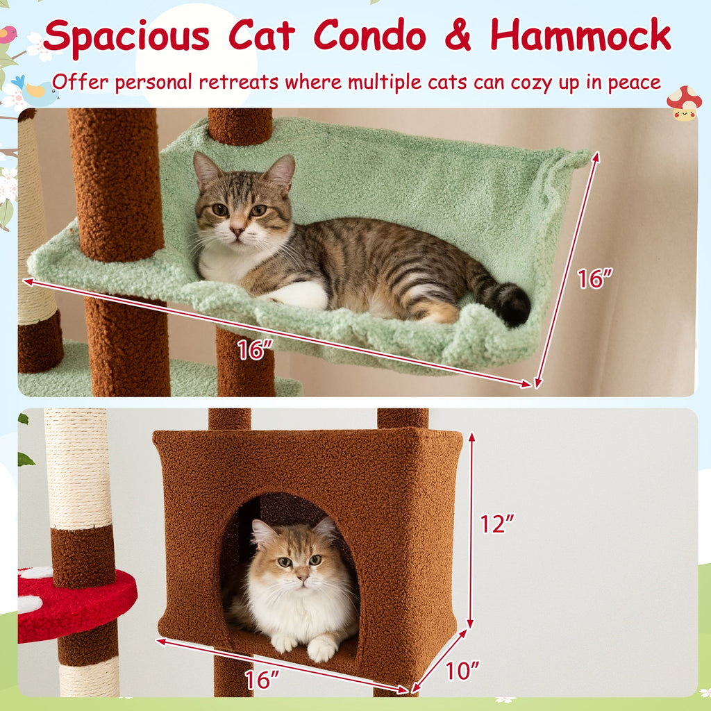 Floor to Ceiling Cat Tree Adjustable Mushroom Themed with Condo and Hammock-Brown