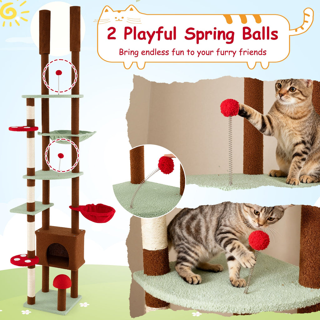 Floor to Ceiling Cat Tree Adjustable Mushroom Themed with Condo and Hammock-Brown