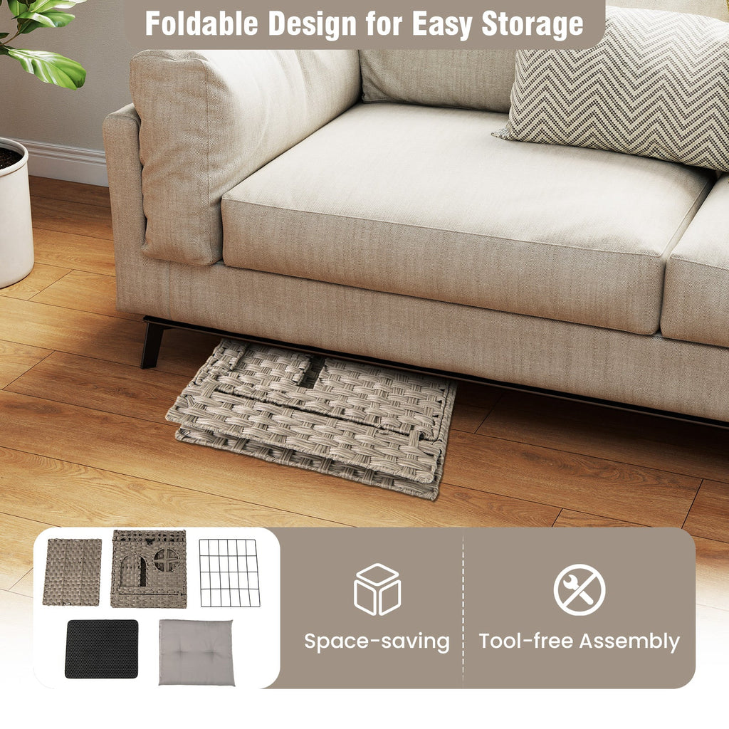 Foldable 2-tier Rattan Cat Litter Box Enclosure with Litter Mat-Grey