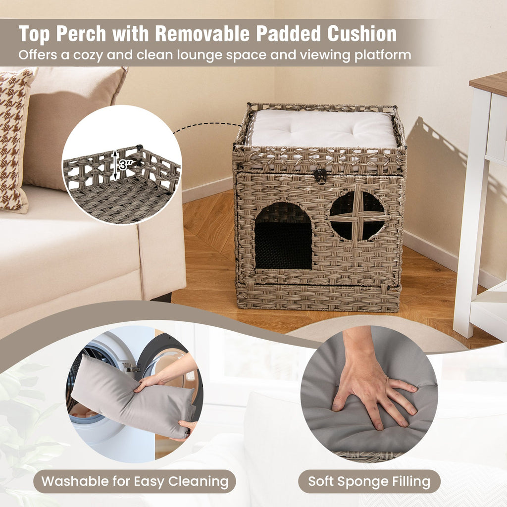Foldable 2-tier Rattan Cat Litter Box Enclosure with Litter Mat-Grey