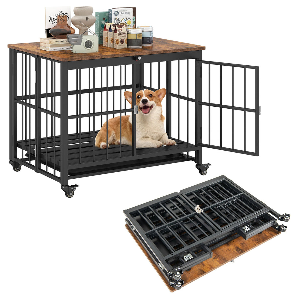 Foldable Dog Crate Furniture with Removable Tray and Lockable Door