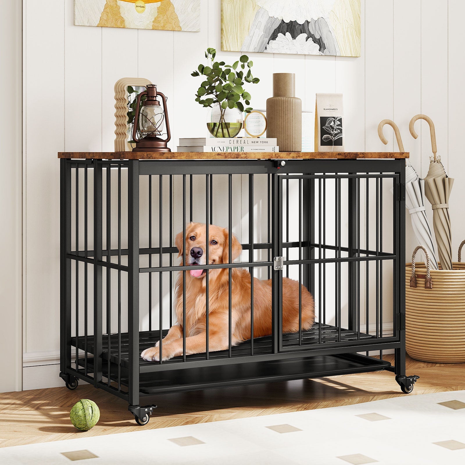 Foldable Dog Crate Furniture with Removable Tray and Lockable Door