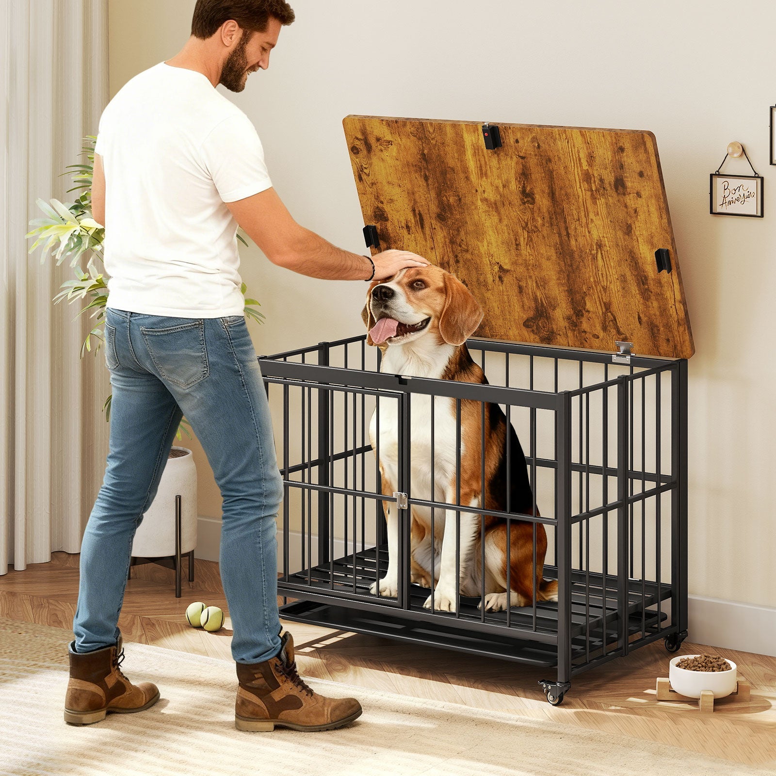 Foldable Dog Crate Furniture with Removable Tray and Lockable Door