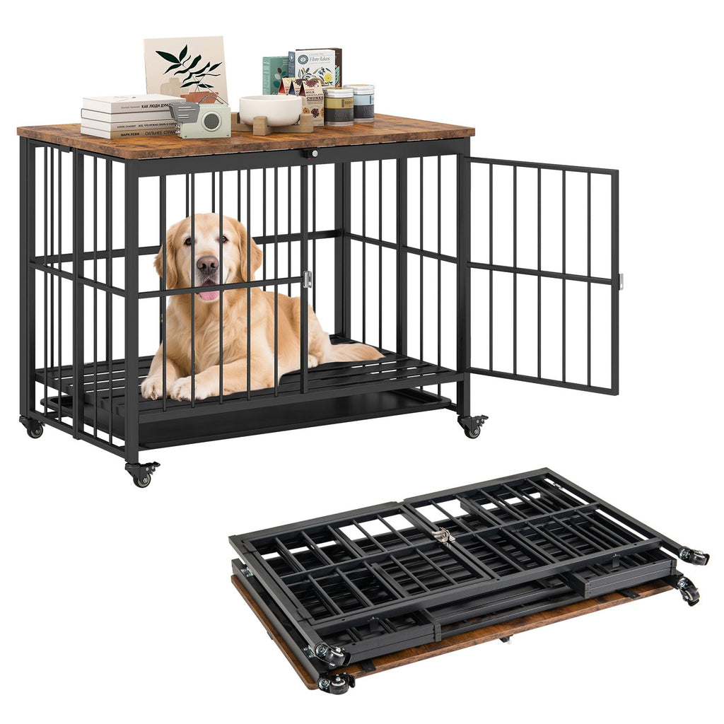 Foldable Dog Crate Furniture with Removable Tray and Lockable Door