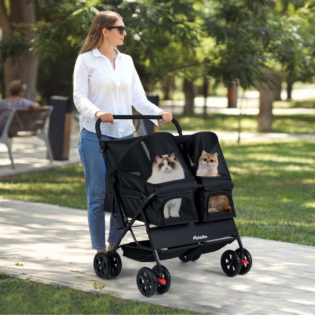 Foldable Double Pet Stroller with Adjustable Sunshade and Storage Basket